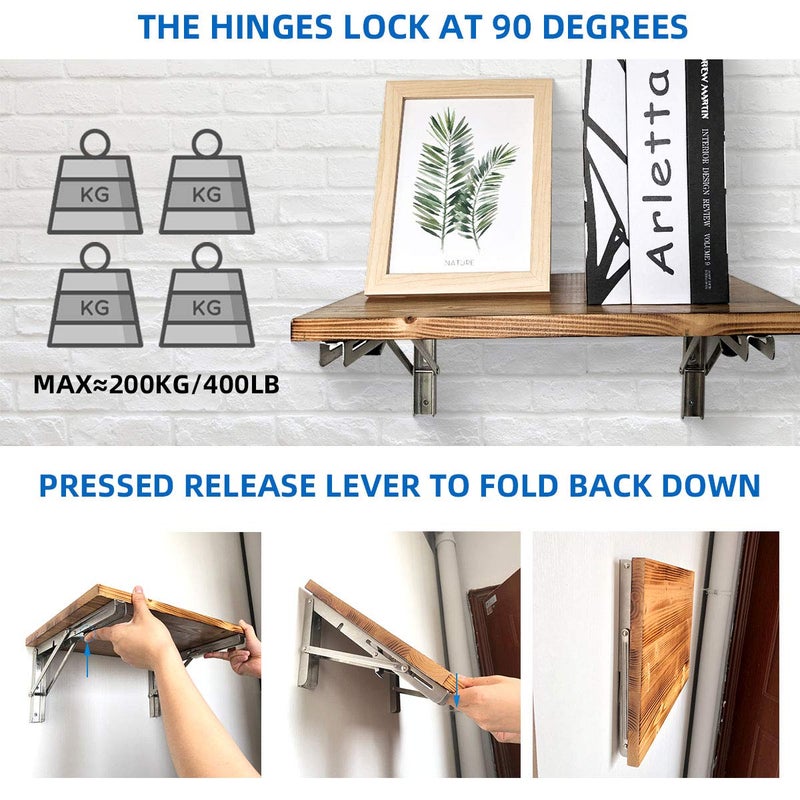Foozet Folding Shelf Brackets 12 Inch, Heavy Duty Stainless Steel Collapsible Hinges Wall Mounted Angle L Bracket for Floating Shleves DIY Foldable Work Bench Table Desk - 6 Pack - Image 4